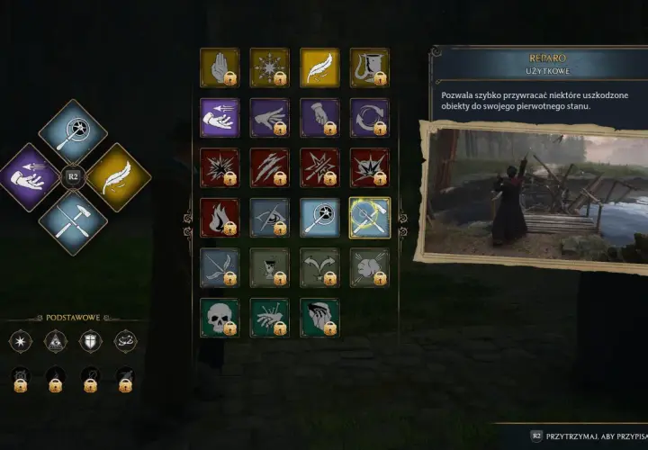 Drętwota w Hogwarts Legacy: menu zaklęć naprawczych. Ikony symbolizują różne zaklęcia, w tym Reparo, które pozwala naprawić uszkodzone przedmioty.