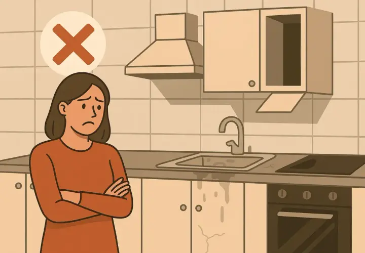 Femme dépitée devant une cuisine Cuisinella abîmée, avec un signe d'interdiction. Problème SAV Cuisinella.