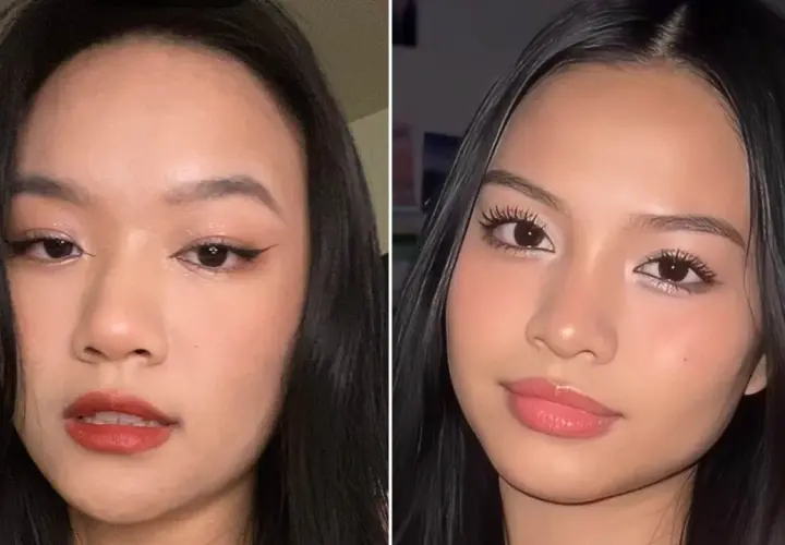 Två närbilder på en ung kvinna med olika douyin makeup-stilar. Den vänstra visar en mer dramatisk look med eyeliner och mörkt läppstift, medan den högra har en mjukare, glansigare finish.