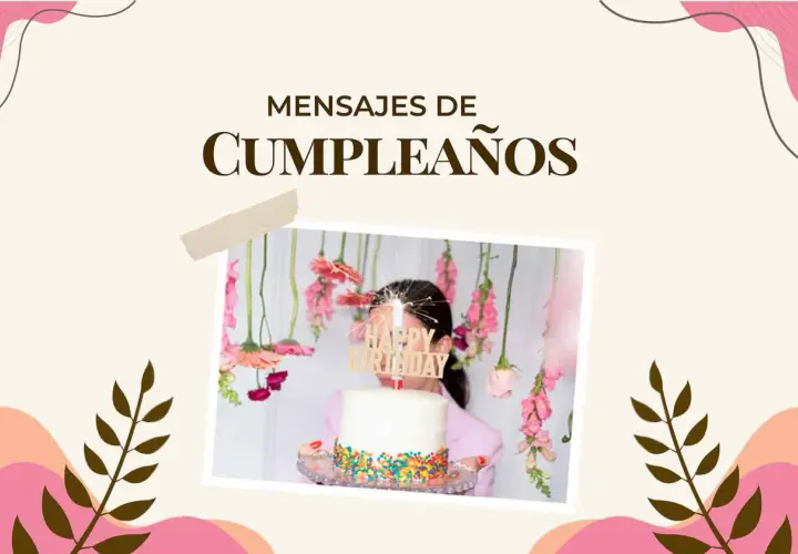 Un pastel blanco con chispas de colores y un letrero "Happy Birthday" adornado con flores colgantes. Ideal para encontrar frases de feliz cumpleaños.