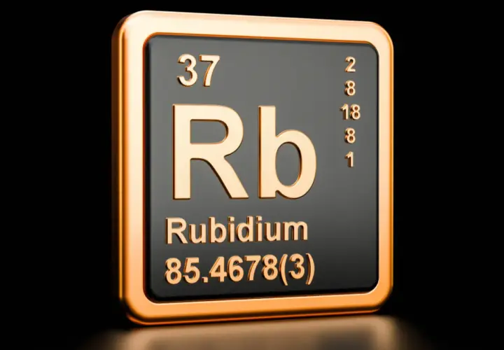 Tabliczka pierwiastka z symbolem Rb, oznaczającego rubid. Numer atomowy 37, masa atomowa 85.4678.