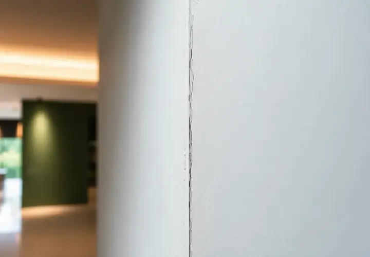 Dettaglio di una crepa su giunti cartongesso, con uno sfondo sfocato di un interno moderno.