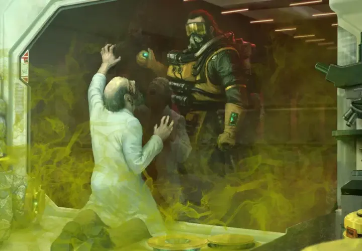 Caustic z Apex Legends w laboratorium, otoczony żółtym gazem. Naukowiec w białym kitlu klęczy, próbując się bronić.
