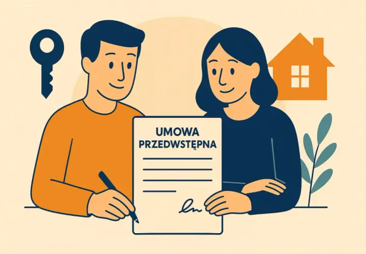 Para zawiera umowę przedwstępną sprzedaży nieruchomości. Klucz i dom symbolizują przyszłe posiadanie.