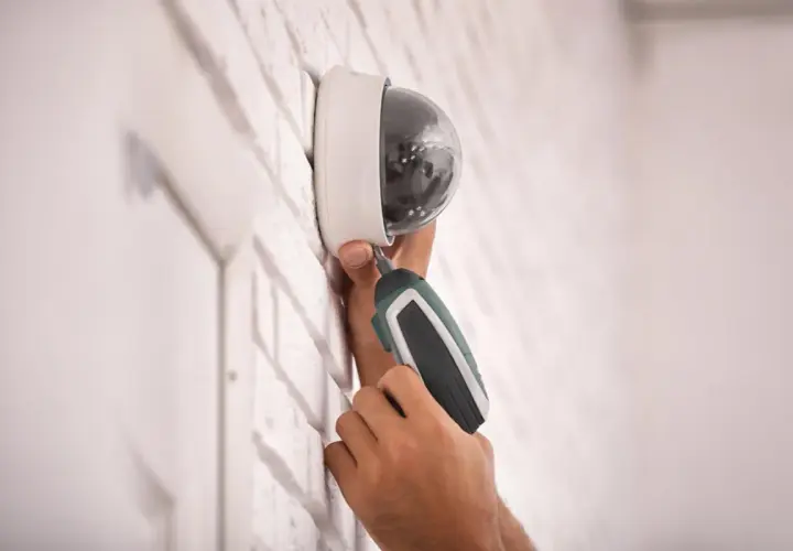 Installation d'un capteur infra rouge de surveillance, une main utilise un tournevis électrique pour fixer la caméra dôme sur un mur en briques blanches.