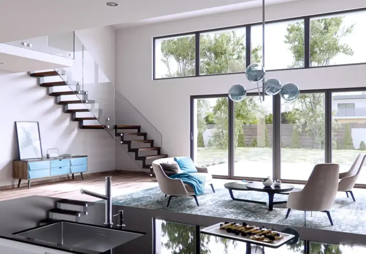 Nowoczesny salon z widokiem na ogród. Okna bez firanek inspiracje: minimalistyczne meble, szklane balustrady, drewniane schody.