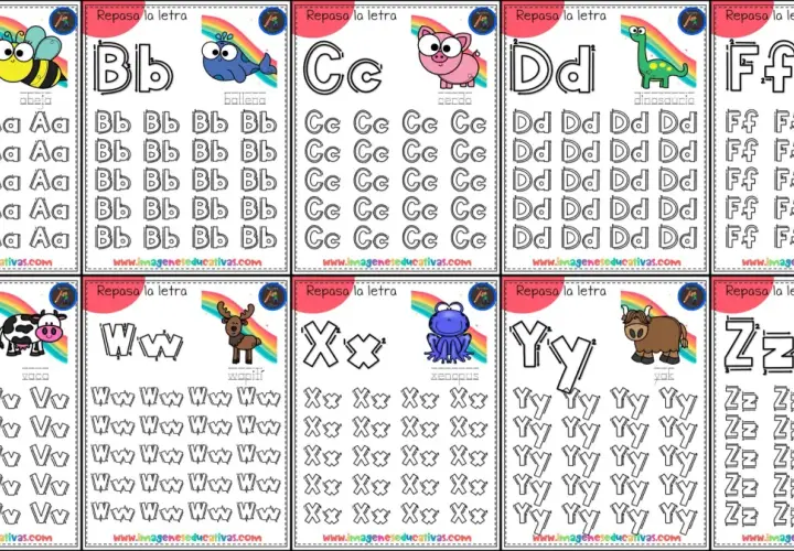 Hojas de caligrafía para niños de 6 años con letras A-Z y dibujos para repasar.
