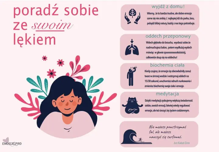 Ilustracja przedstawia spokojną dziewczynę otoczoną kwiatami, obok niej porady jak radzić sobie ze strachem i lękiem, np. przez medytację czy wyjście na łono natury.