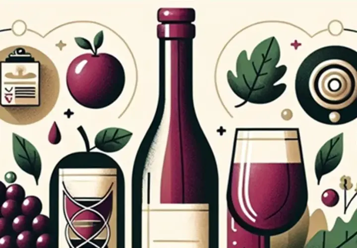 Ilustracja z winem, jabłkami i winogronami. Może symbolizować przyczyny musowania wina, które powinno być spokojne, np. błędy fermentacji.