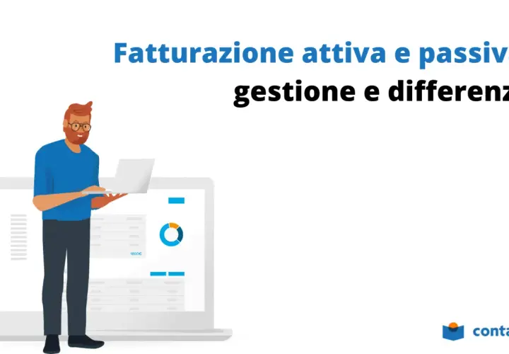 Uomo con laptop analizza grafici su schermo, illustrando la gestione della fatturazione attiva e passiva.