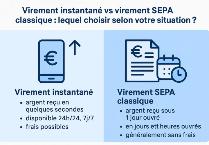 Comparaison entre virement instantané et virement SEPA classique : l'un est rapide, l'autre plus traditionnel.