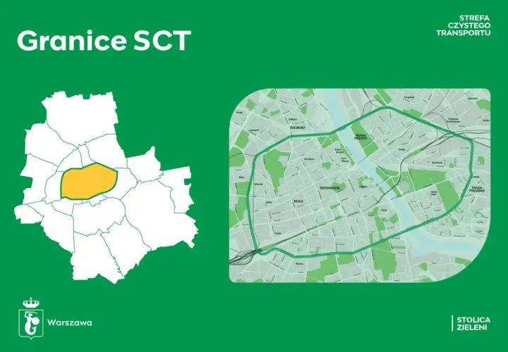 Mapa Warszawy z zaznaczoną Strefą Czystego Transportu. To obszar, gdzie nie można wjechać dieslem.