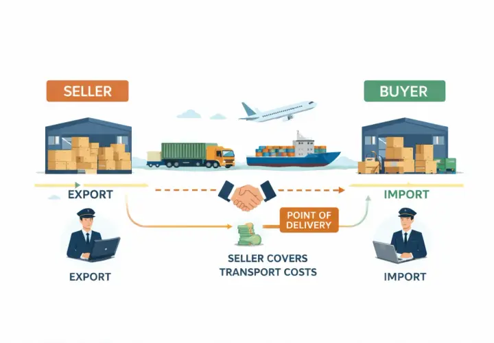 Schema für cpt incoterm: Verkäufer deckt Transportkosten bis zum Bestimmungsort. Export und Import mit LKW, Schiff, Flugzeug.