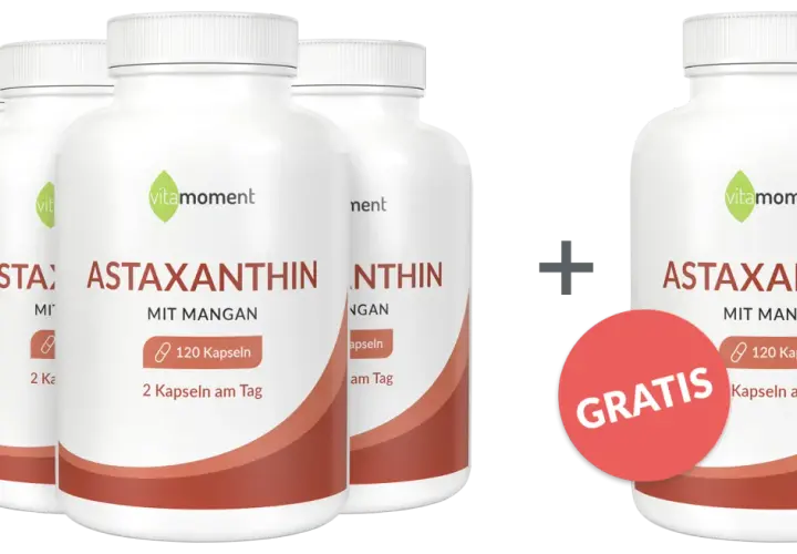 Vitamoment Astaxanthin mit Mangan: Vier Flaschen plus eine gratis. Ein starkes Astaxanthin Lebensmittel für Ihr Wohlbefinden.