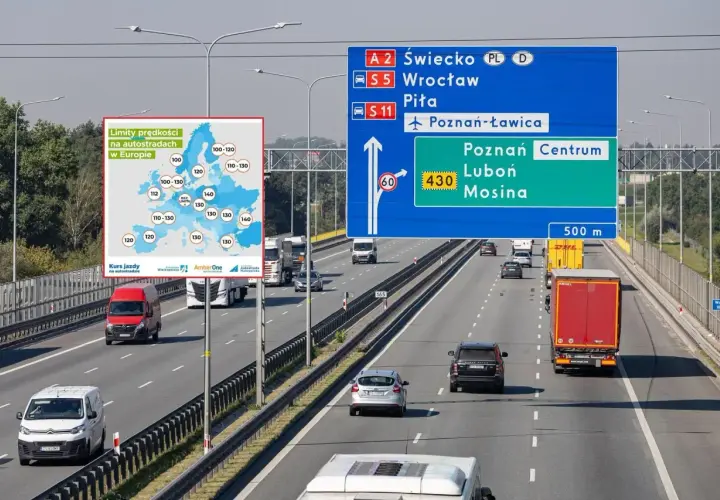 Na autostradzie w Polsce, obok mapy z dopuszczalną prędkością na autostradach w Europie, znaki wskazują kierunki: A2 Świecko, S5 Wrocław, S11 Piła, Poznań-Ławica, Poznań Centrum, Luboń, Mosina.