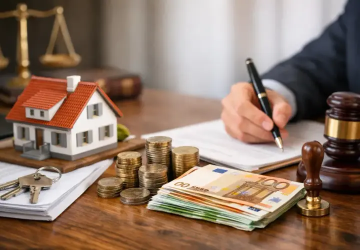 Maison, clés, argent et balance de justice. Qui paie les frais de notaire pour cette transaction immobilière ?