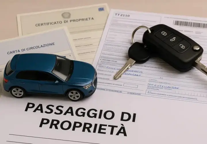 Modello di auto blu, chiavi e documenti per il passaggio di proprietà. La donazione auto è un processo che richiede questi documenti.
