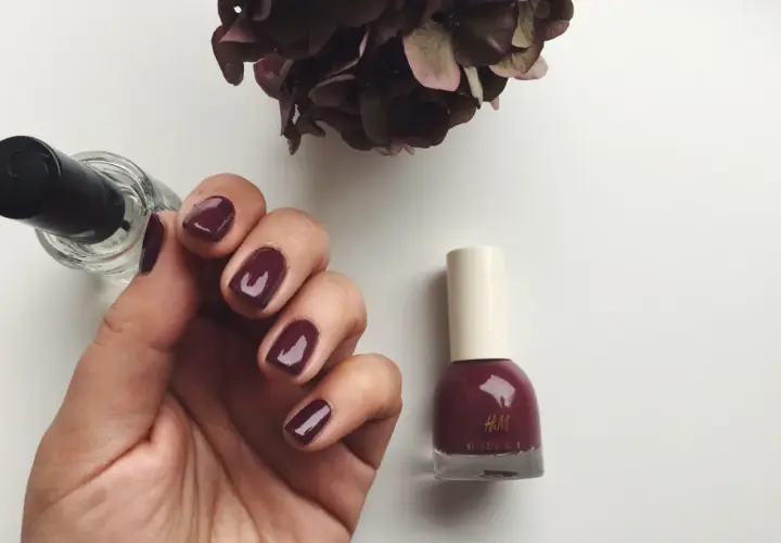 En hand med mörkröda naglar, bredvid en flaska H&M nagellack i samma färg. En torkad blomma i bakgrunden.