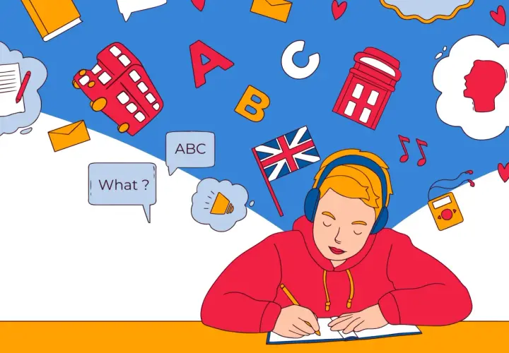 Ragazzo con cuffie studia parole inglesi usate in italiano, circondato da simboli britannici e lettere.