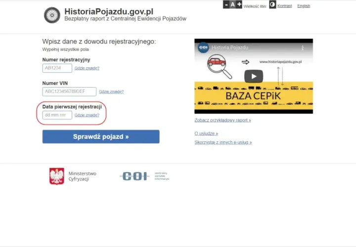 Pole "Data pierwszej rejestracji" w dowodzie pojazdu. Wpisz datę, aby sprawdzić historię pojazdu.