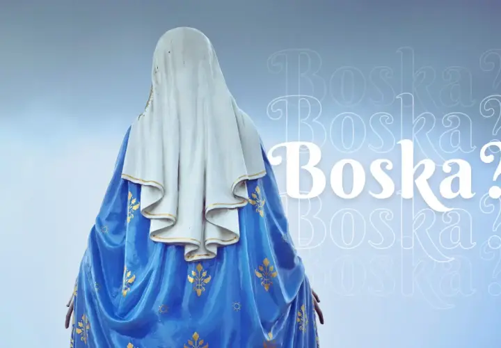 Posąg świętej Marii od tyłu, w niebieskiej szacie ze złotymi zdobieniami. Obok napis "Boska?".