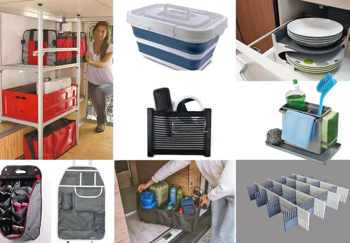 Astuce rangement vêtement camping-car : étagères, boîtes pliantes, organisateurs de coffre et diviseurs de tiroirs pour optimiser l'espace.