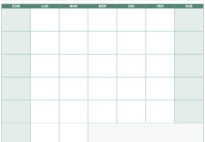 Calendario vuoto con giorni della settimana (Dom, Lun, Mar, Mer, Gio, Ven, Sab) e righe per le settimane. Ideale per pianificare il mese.