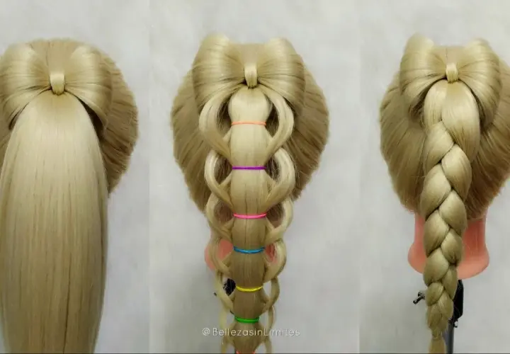 Peinados para niñas: tres estilos de trenzas con moño, trenza de burbujas y trenza clásica en cabello rubio.