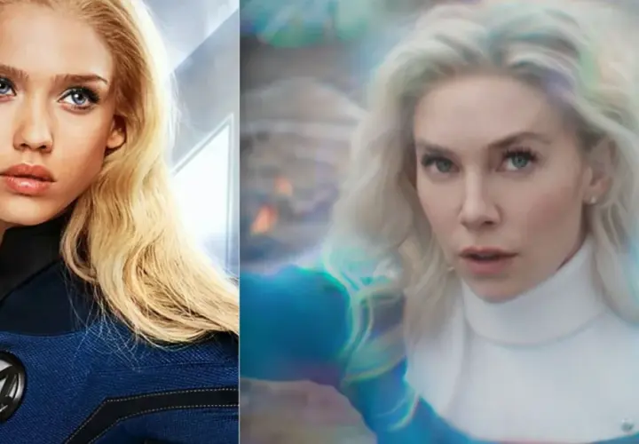 L'actrice 4 Fantastique, Sue Storm, en gros plan, avec son costume emblématique bleu et le logo "4".