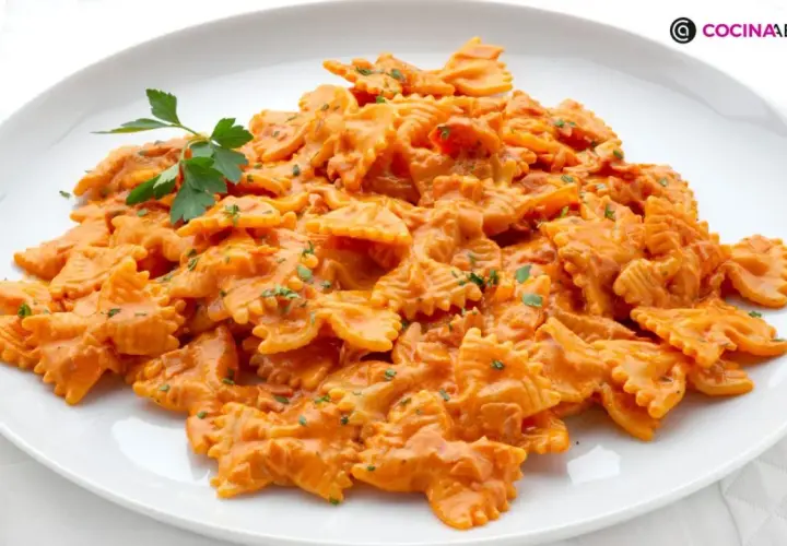 Un plato de pasta farfalle con una cremosa salsa de tomate y un toque de perejil. ¡Así es que es farfalle!