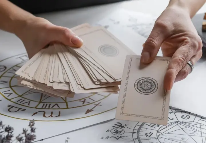 Dłonie trzymają talię kart, przygotowując się do wróżenia. Rozłożone na stole diagramy astrologiczne sugerują, jak stawiać tarota.
