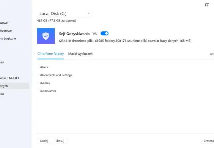Program Disk Drill pokazuje, jak odzyskać usunięte pliki z komputera. Widoczny jest dysk C: oraz opcje ochrony danych.