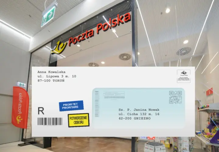 Etykieta na paczkę Poczta Polska z danymi Anny Kowalskiej z Torunia i Janiny Nowak z Gniezna, z potwierdzeniem odbioru.