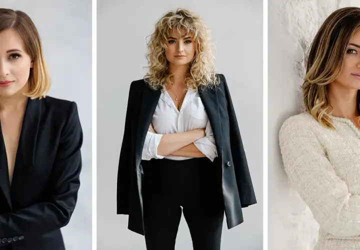 Trzy kobiety w eleganckich stylizacjach, idealny makijaż biznesowy do zdjęć.