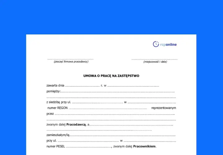 Umowa o pracę na zastępstwo, dokument do wypełnienia przez pracodawcę i pracownika, zawiera pola na dane stron i warunki zatrudnienia.
