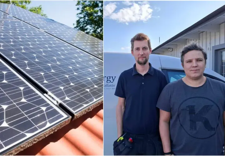 Två män står framför en bil med texten "Energy Installatör". Till vänster syns solceller på ett tak. Viktigt att tänka på brandrisk solceller vid installation.