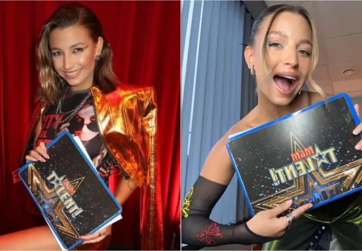 Julia Wieniawa z tabliczką "Mam Talent!" w złotym żakiecie i z błyszczącym makijażem.