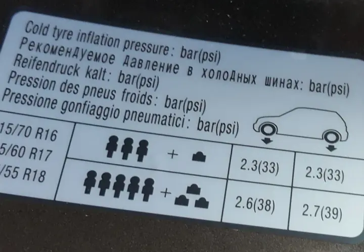 Naklejka informuje, ile barów w oponach jest zalecane dla różnych rozmiarów i obciążenia.
