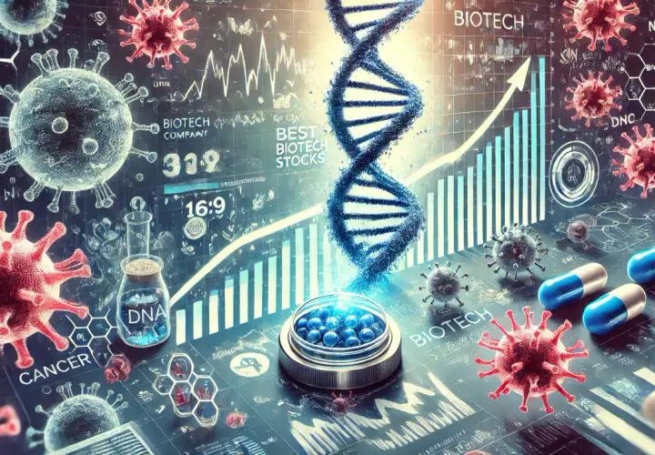 Biotech-Aktien im Aufwind: DNA-Stränge, Viren und Pillen symbolisieren den Fortschritt in der medizinischen Forschung und Investitionen.