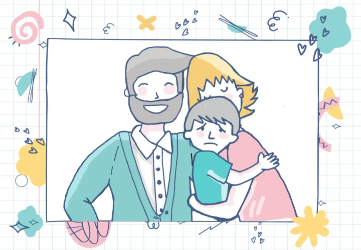 Ilustración de una familia abrazándose, mostrando el apego en niños de 6 a 12 años. El niño parece un poco triste, pero está rodeado de amor.