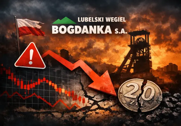 Kurs LWB w dół, złamana moneta 20 zł, ostrzeżenie i flaga Polski na tle kopalni Bogdanka.