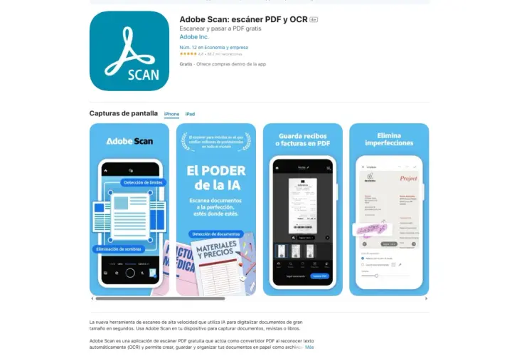 Adobe Scan: escáner móvil para digitalizar documentos. Permite escanear documentos, recibos y eliminar imperfecciones.