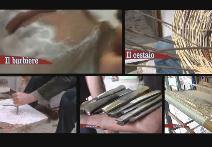 Scene di antichi mestieri siciliani: barbiere, cestai, scalpellino, coltellai e tessitrice.