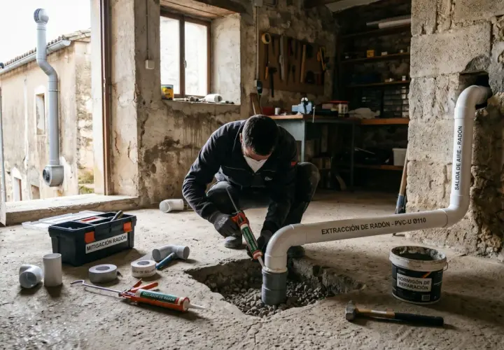 Un hombre instala un sistema de extracción de radón en un hogar. La mitigación del radón es crucial para la salud.