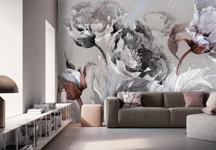 Elegancka tapeta z motywem monochromatycznych kwiatów, dodająca wnętrzu subtelności i stylu.
