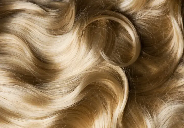 Ondas doradas y rubias de pelo sedoso, con reflejos de luz que resaltan su brillo y suavidad.