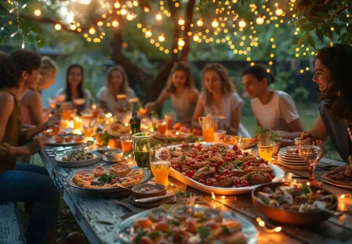 Une belle soirée d'été avec des amis autour d'une table garnie. Une idée entrée parfaite pour un repas convivial sous les guirlandes lumineuses.