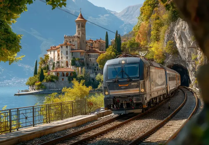 Un train moderne quitte un tunnel pour admirer un château pittoresque au bord d'un lac, une invitation à aller en Italie en train.