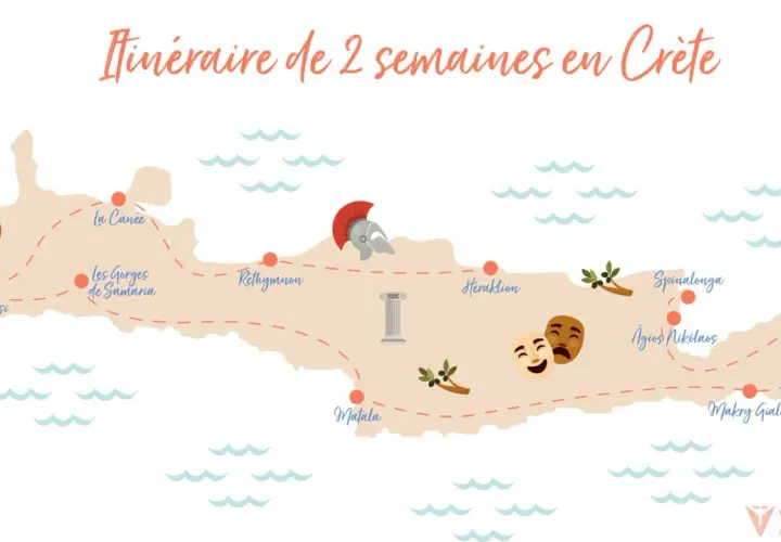 Carte de Crète illustrant un itinéraire de 2 semaines, avec des icônes pour la plage, les gorges, des masques de théâtre, un casque antique et une torche. Idéal pour savoir que faire en Crète.