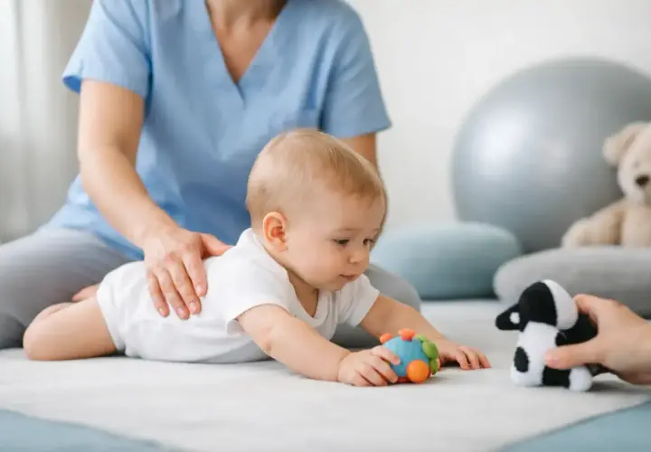 Niemowlę ćwiczy, by zniwelować wzmożone napięcie obręczy barkowej. Terapeuta delikatnie wspiera malucha, który sięga po zabawki.